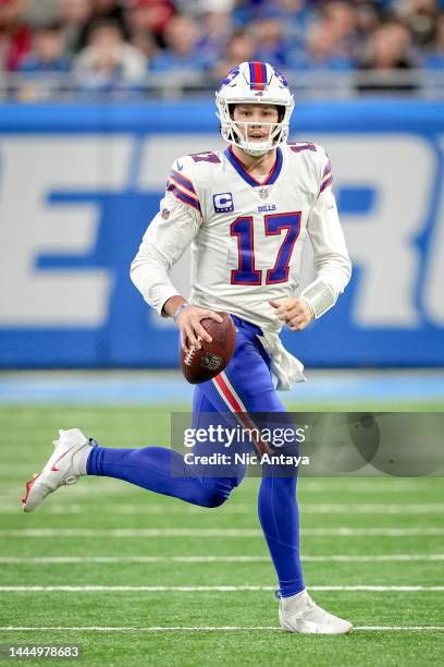 Josh Allen of the Buffalo Bills runs with the ball against the Detroit Lions at Ford Field on November 24, 2022 in Detroit, Michigan.