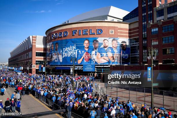 Fans enter the stadium prior to a game between the Buffalo Bills and Detroit Lions at Ford Field on November 24, 2022 in Detroit, Michigan.