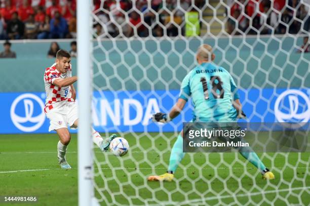 Andrej Kramaric of Croatia scores their team's first goal during the FIFA World Cup Qatar 2022 Group F match between Croatia and Canada at Khalifa...