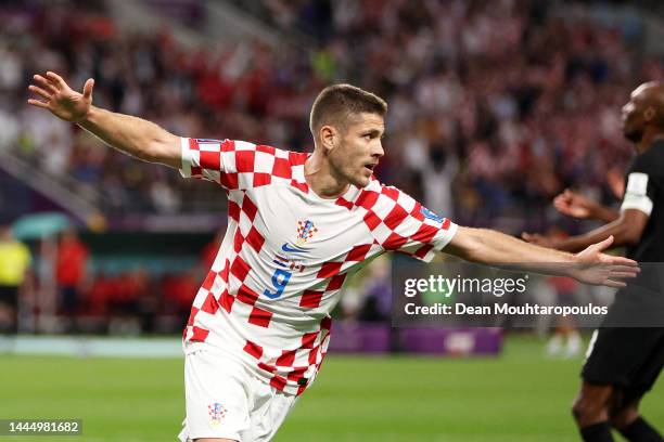 Andrej Kramaric of Croatia celebrates after scoring their team's first goal during the FIFA World Cup Qatar 2022 Group F match between Croatia and...