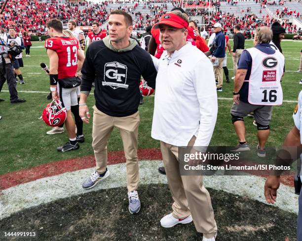 Andrew Thacker Head coach Kirby Smart of the Georgia Bulldogs speaks to Georgia Tech ...