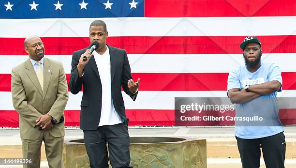 Philadelphia Mayor Michael Nutter, Jay-Z and rapper Freeway attend the press conference announcing Budweiser Made in America music festival at...