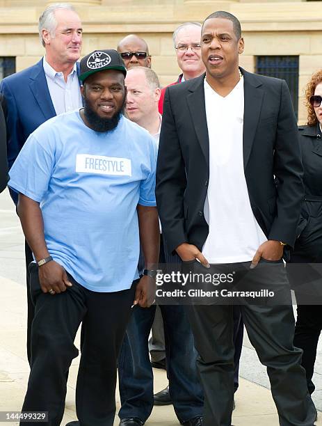 Rapper Freeway and Jay-Z attend the press conference announcing Budweiser Made in America music festival at Philadelphia Museum of Art on May 14,...