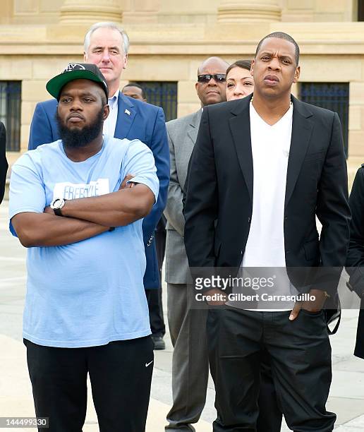 Rapper Freeway and Jay-Z attend the press conference announcing Budweiser Made in America music festival at Philadelphia Museum of Art on May 14,...
