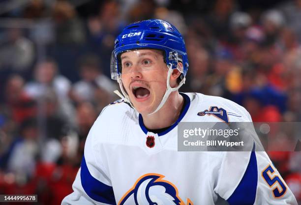 Jeff Skinner of the Buffalo Sabres reacts during an NHL game against the New Jersey Devils on November 25, 2022 at KeyBank Center in Buffalo, New...