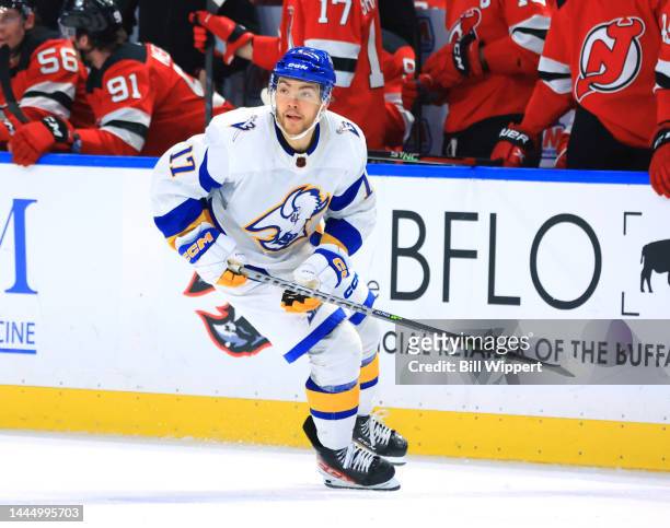 Tyson Jost of the Buffalo Sabres skates against the New Jersey Devils during an NHL game on November 25, 2022 at KeyBank Center in Buffalo, New York.