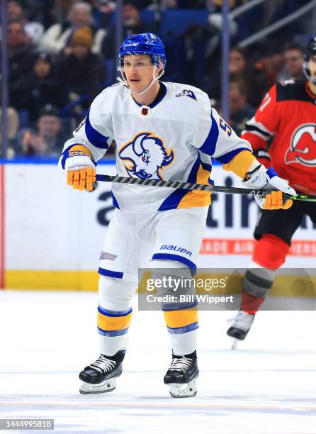 Jeff Skinner of the Buffalo Sabres skates against the New Jersey Devils during an NHL game on November 25, 2022 at KeyBank Center in Buffalo, New...