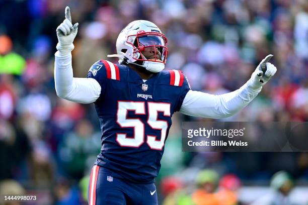 Josh Uche of the New England Patriots reacts during a game against the New York Jets at Gillette Stadium on November 20, 2022 in Foxborough,...
