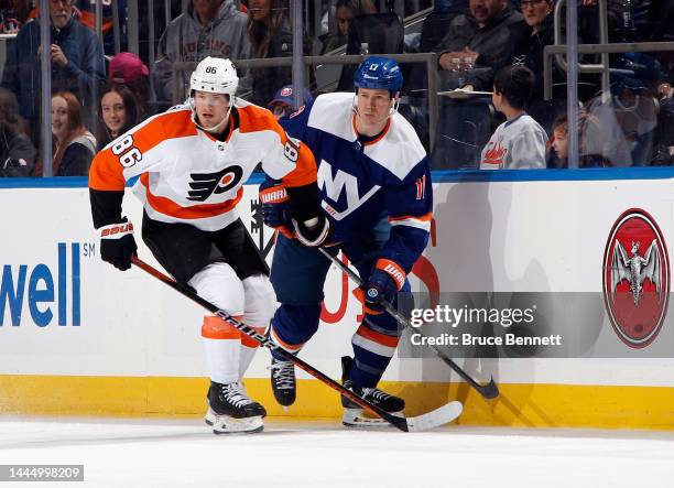 Joel Farabee of the Philadelphia Flyers skates against the New York Islanders at the UBS Arena on November 26, 2022 in Elmont, New York.