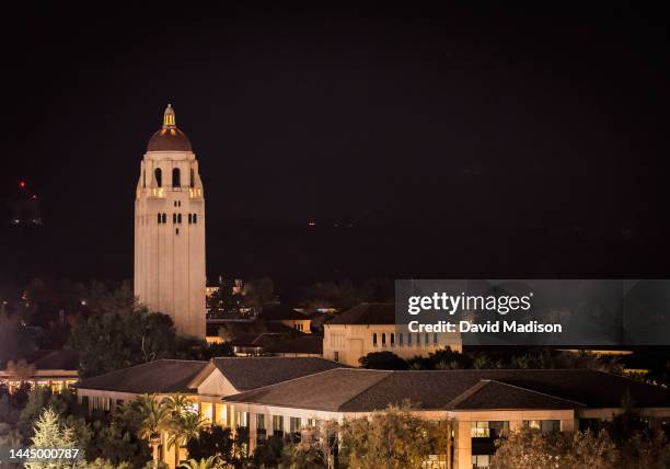 General view of the campus of Stanford University including Hoover Tower on the night of an NCAA college football game between the Stanford Cardinal...