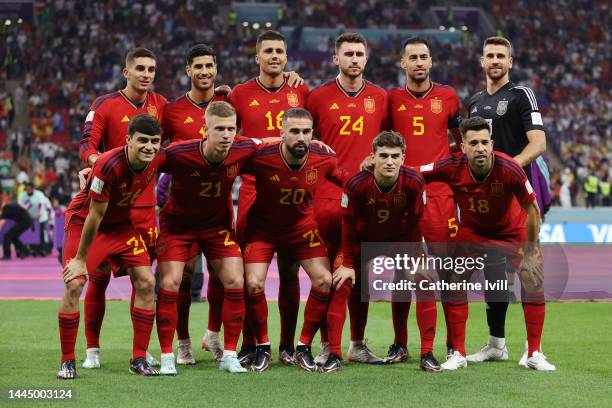 Spain players line up for team photos prior to the FIFA World Cup Qatar 2022 Group E match between Spain and Germany at Al Bayt Stadium on November...