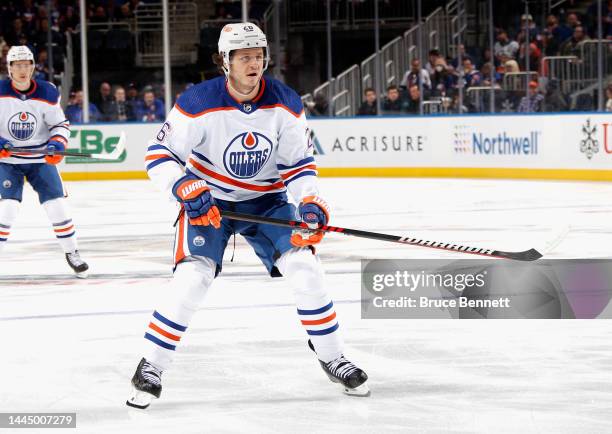 Mattias Janmark of the Edmonton Oilers skates against the New York Islanders at the UBS Arena on November 23, 2022 in Elmont, New York.