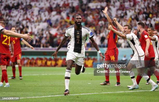 Antonio Ruediger of Germany celebrates after scoring a goal that was ruled offside during the FIFA World Cup Qatar 2022 Group E match between Spain...