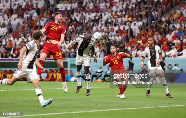 Antonio Ruediger of Germany scores a goal that was ruled offside during the FIFA World Cup Qatar 2022 Group E match between Spain and Germany at Al...