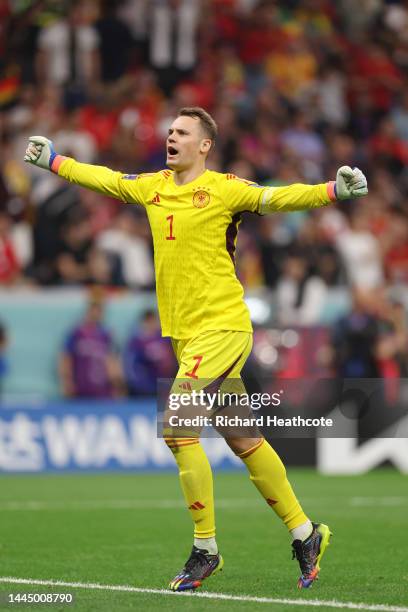 Manuel Neuer of Germany celebrates a goal by Antonio Ruediger that was ruled offside during the FIFA World Cup Qatar 2022 Group E match between Spain...