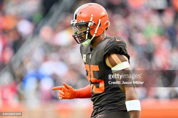 Myles Garrett of the Cleveland Browns reacts during the first half against the Tampa Bay Buccaneers at FirstEnergy Stadium on November 27, 2022 in...