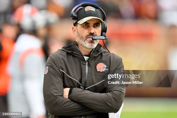 Head coach Kevin Stefanski of the Cleveland Browns reacts during the first half against the Tampa Bay Buccaneers at FirstEnergy Stadium on November...