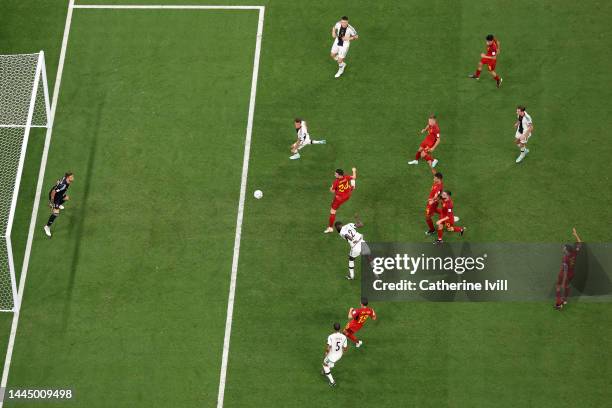 Antonio Ruediger of Germany scores their team's first goal later ruled offside during the FIFA World Cup Qatar 2022 Group E match between Spain and...