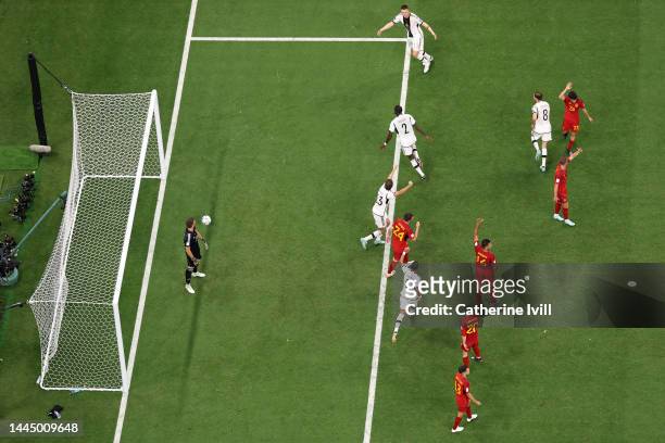 Antonio Ruediger of Germany celebrates after scoring their team's first goal later ruled offside during the FIFA World Cup Qatar 2022 Group E match...