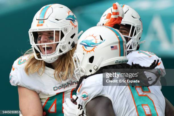 Andrew Van Ginkel of the Miami Dolphins celebrates an interception during the first half in the game against the Houston Texans at Hard Rock Stadium...