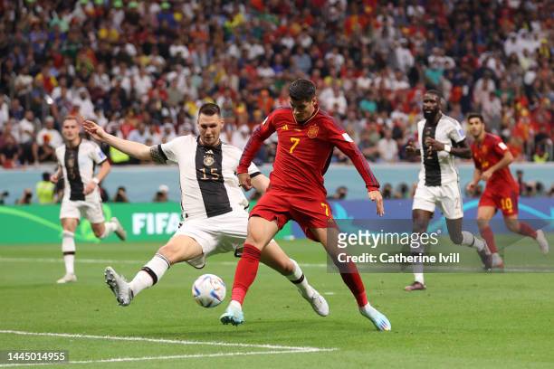 Alvaro Morata of Spain scores their team's first goal during the FIFA World Cup Qatar 2022 Group E match between Spain and Germany at Al Bayt Stadium...