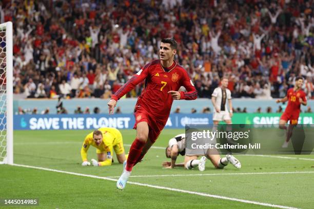 Alvaro Morata of Spain celebrates their team's first goal during the FIFA World Cup Qatar 2022 Group E match between Spain and Germany at Al Bayt...