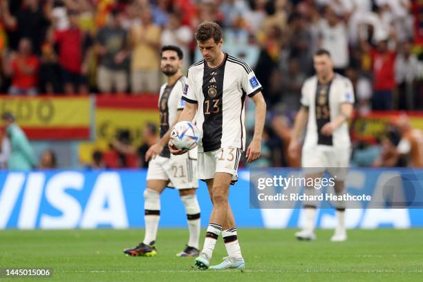 Thomas Mueller of Germany reacts after conceding their first goal during the FIFA World Cup Qatar 2022 Group E match between Spain and Germany at Al...