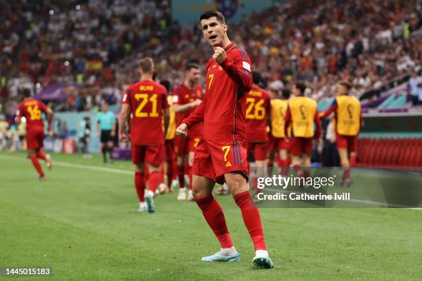 Alvaro Morata of Spain celebrates their team's first goal during the FIFA World Cup Qatar 2022 Group E match between Spain and Germany at Al Bayt...