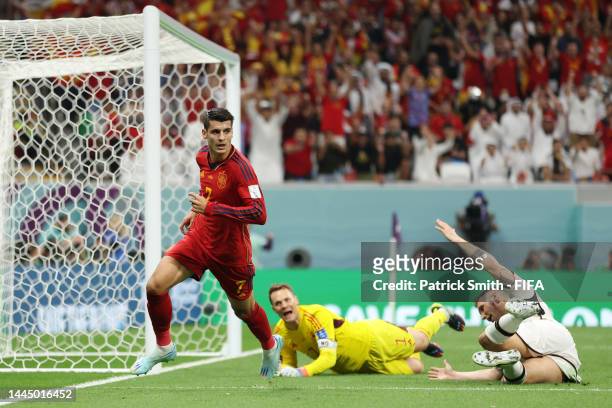 Alvaro Morata of Spain celebrates their team's first goal during the FIFA World Cup Qatar 2022 Group E match between Spain and Germany at Al Bayt...