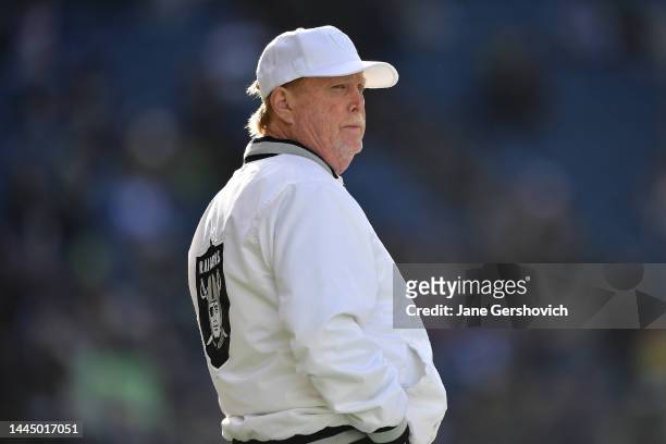 Las Vegas Raiders owner Mark Davis on the field prior to the game against the Seattle Seahawks at Lumen Field on November 27, 2022 in Seattle,...