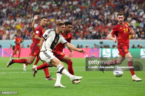 Niclas Fuellkrug of Germany scores their team's first goal during the FIFA World Cup Qatar 2022 Group E match between Spain and Germany at Al Bayt...
