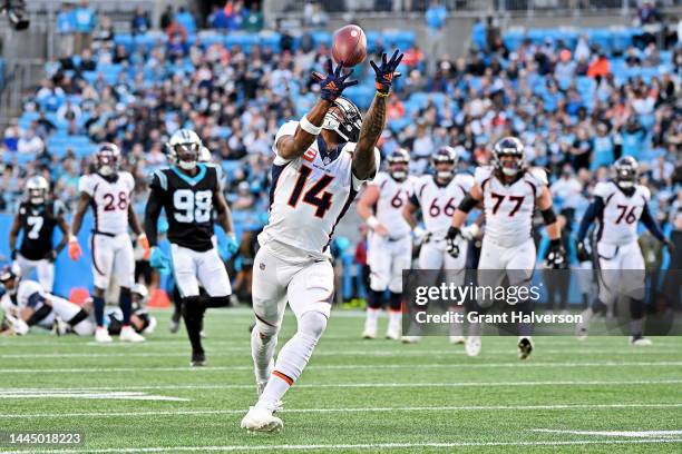 Courtland Sutton of the Denver Broncos catches the ball during the second half at Bank of America Stadium on November 27, 2022 in Charlotte, North...