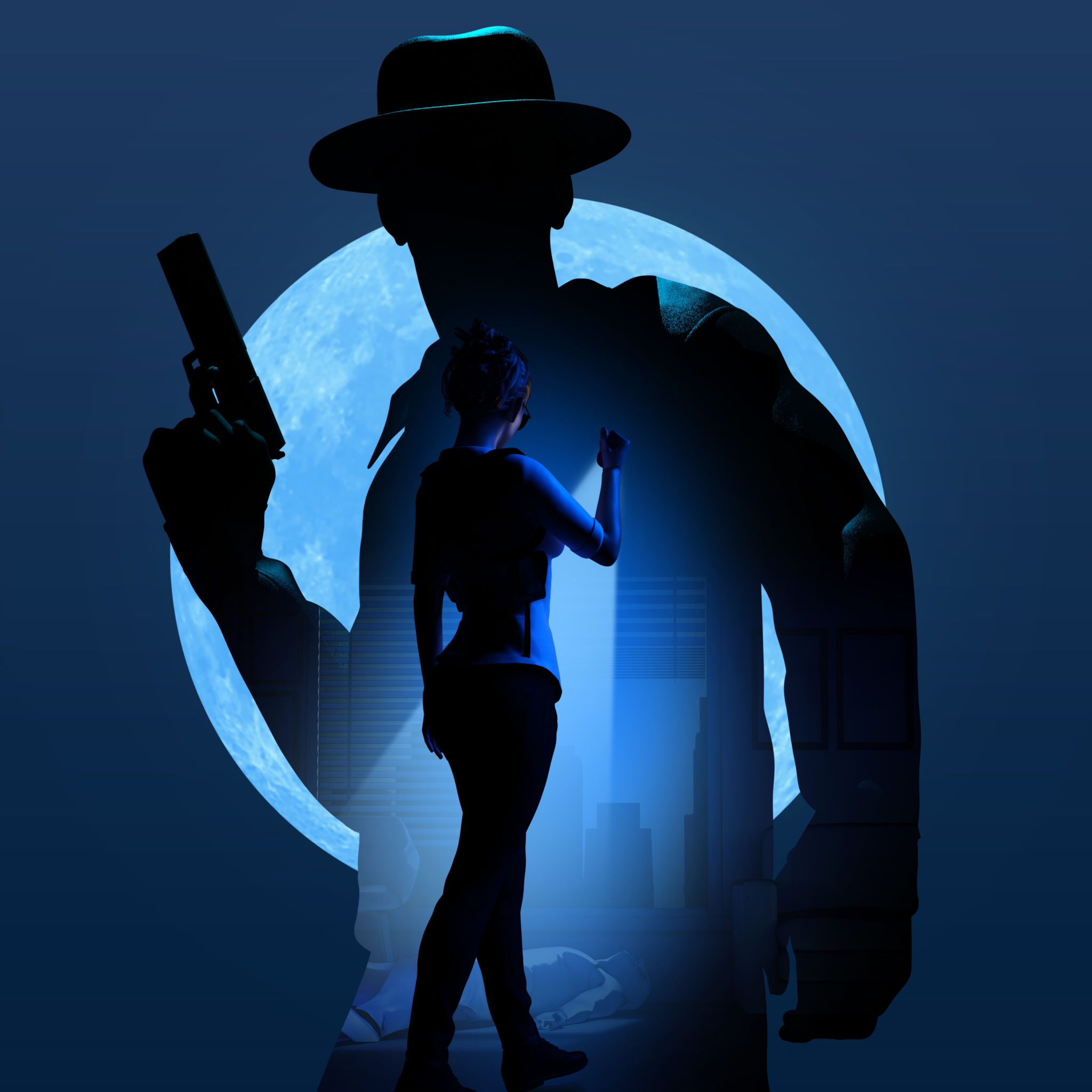 3d render illustration of male detective or mobster with gun silhouette and female investigator on dark blue background. 3d render illustration of male detective or mobster with gun silhouette and female investigator on dark blue background.