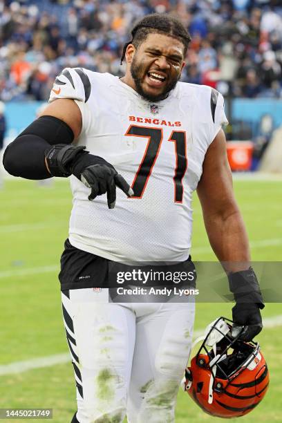 La'el Collins of the Cincinnati Bengals celebrates after a game against the Tennessee Titans at Nissan Stadium on November 27, 2022 in Nashville,...