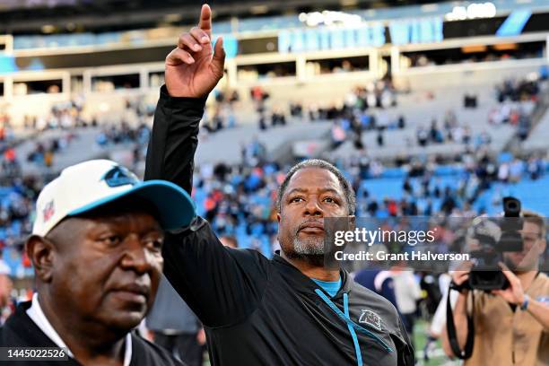 Head coach Steve Wilks of the Carolina Panthers celebrates after a game against the Denver Broncos at Bank of America Stadium on November 27, 2022 in...