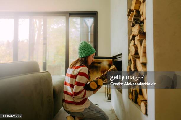 adding wood to the fireplace - brandhout stockfoto's en -beelden