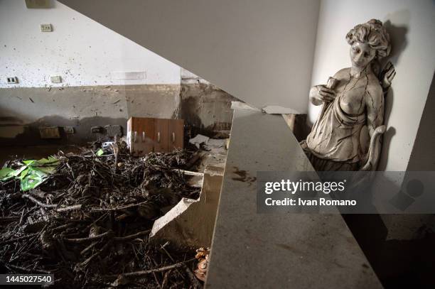General view of the interior of a hotel invaded by a landslide on November 27, 2022 in Casamicciola Terme, Italy. Italian rescuers continue searching...