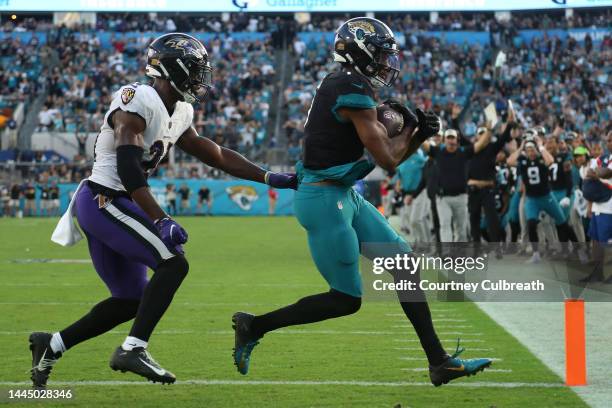 Zay Jones of the Jacksonville Jaguars catches a pass for a two point conversion during the fourth quarter in the game against the Baltimore Ravens at...