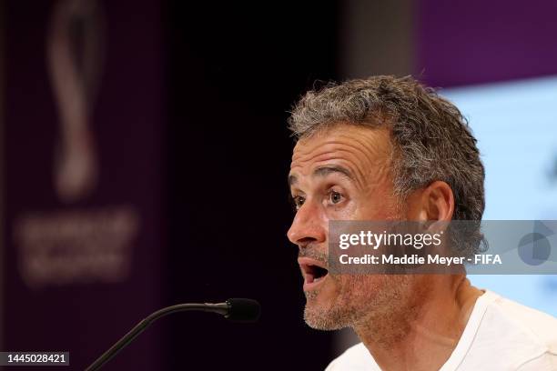 Luis Enrique, Head Coach of Spain, attends the post match press conference after the 1-1 draw during the FIFA World Cup Qatar 2022 Group E match...