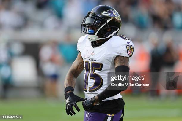 DeSean Jackson of the Baltimore Ravens reacts after a play during the fourth quarter in the game against the Jacksonville Jaguars at TIAA Bank Field...