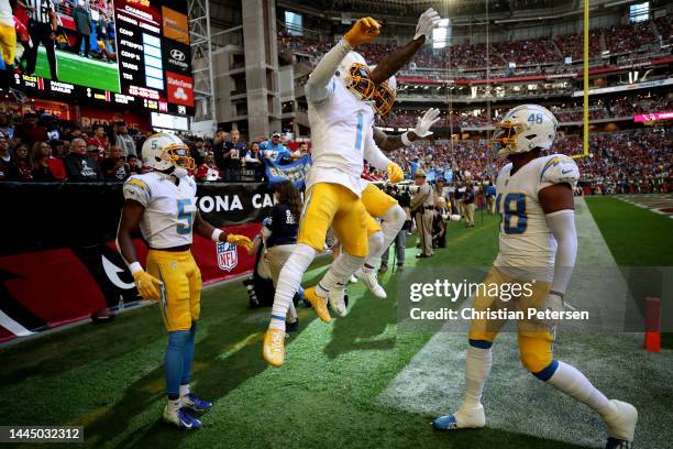 DeAndre Carter of the Los Angeles Chargers celebrates a touchdown in the second quarter of a game against the Arizona Cardinals at State Farm Stadium...