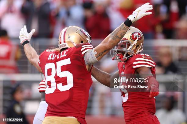 Jauan Jennings and George Kittle of the San Francisco 49ers celebrate a touchdown during the first half in the game against the New Orleans Saints at...