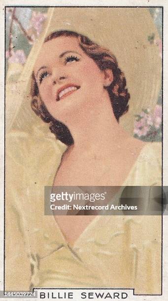 Collectible colorized tobacco card, 'Portraits of Famous Stars' series, published 1935 by Gallaher Ltd, depicting film and movie stars from the...