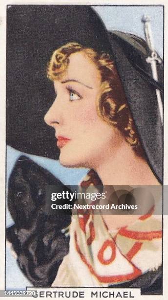 Collectible colorized tobacco card, 'Portraits of Famous Stars' series, published 1935 by Gallaher Ltd, depicting film and movie stars from the...