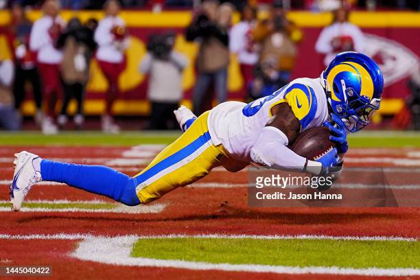 Nick Scott of the Los Angeles Rams intercepts the ball in the endzone during the fourth quarter against the Kansas City Chiefs at Arrowhead Stadium...