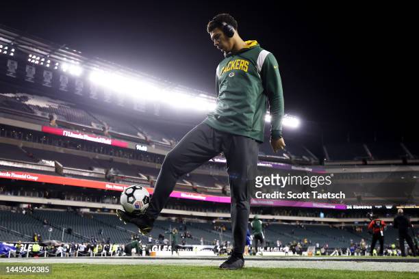 Allen Lazard of the Green Bay Packers warms up with a soccer ball before the game against the Philadelphia Eagles at Lincoln Financial Field on...