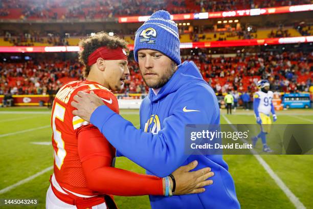 Patrick Mahomes of the Kansas City Chiefs and Matthew Stafford of the Los Angeles Rams greet after a game at Arrowhead Stadium on November 27, 2022...