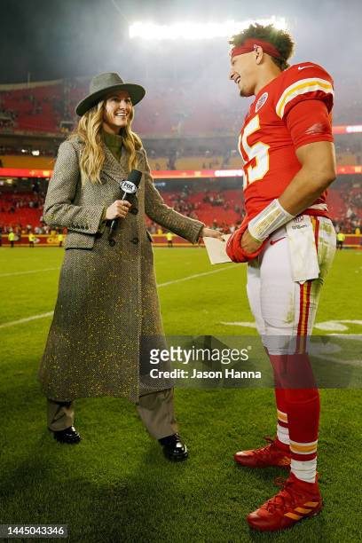 Patrick Mahomes of the Kansas City Chiefs is interviewed by Erin Andrews after a game against the Los Angeles Rams at Arrowhead Stadium on November...