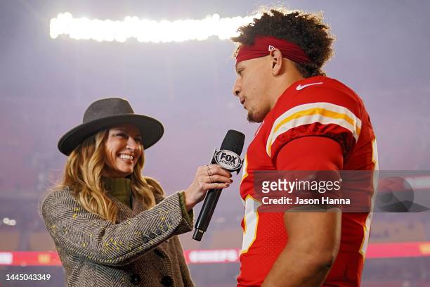 Patrick Mahomes of the Kansas City Chiefs is interviewed by Erin Andrews after a game against the Los Angeles Rams at Arrowhead Stadium on November...