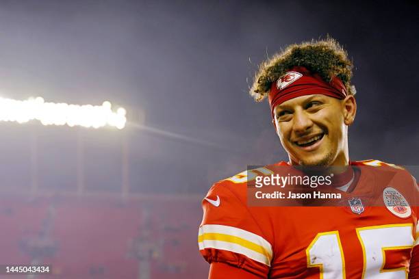 Patrick Mahomes of the Kansas City Chiefs celebrates after a game against the Los Angeles Rams at Arrowhead Stadium on November 27, 2022 in Kansas...